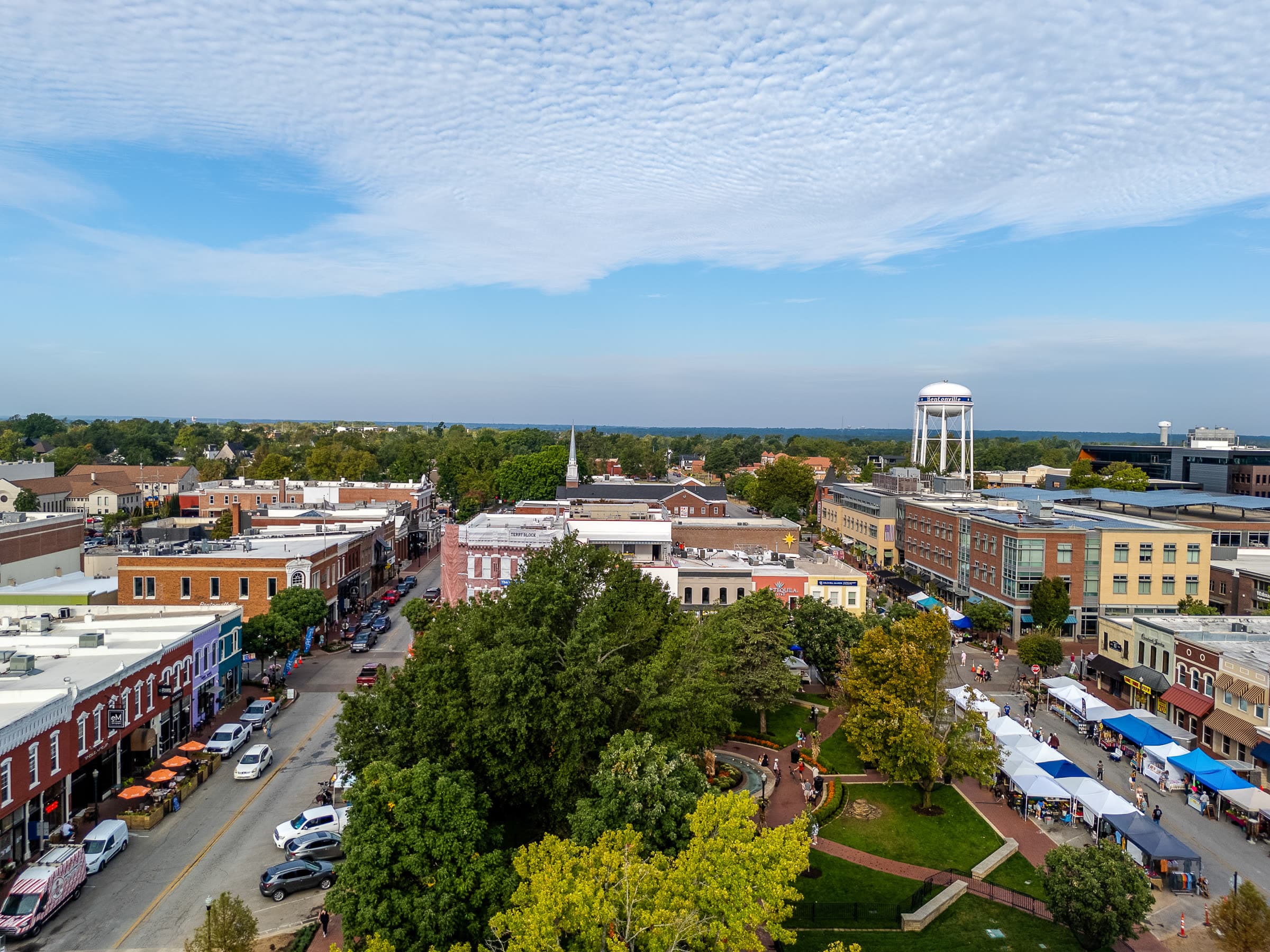 Aerial view of the Bentonville square on a market day, two blocks from the Hero Mortgage office